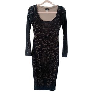 Va Va Voom Black Lace Long Sleeve Nude Liner Bodycon Midi Scoop Neck Dress Sz M